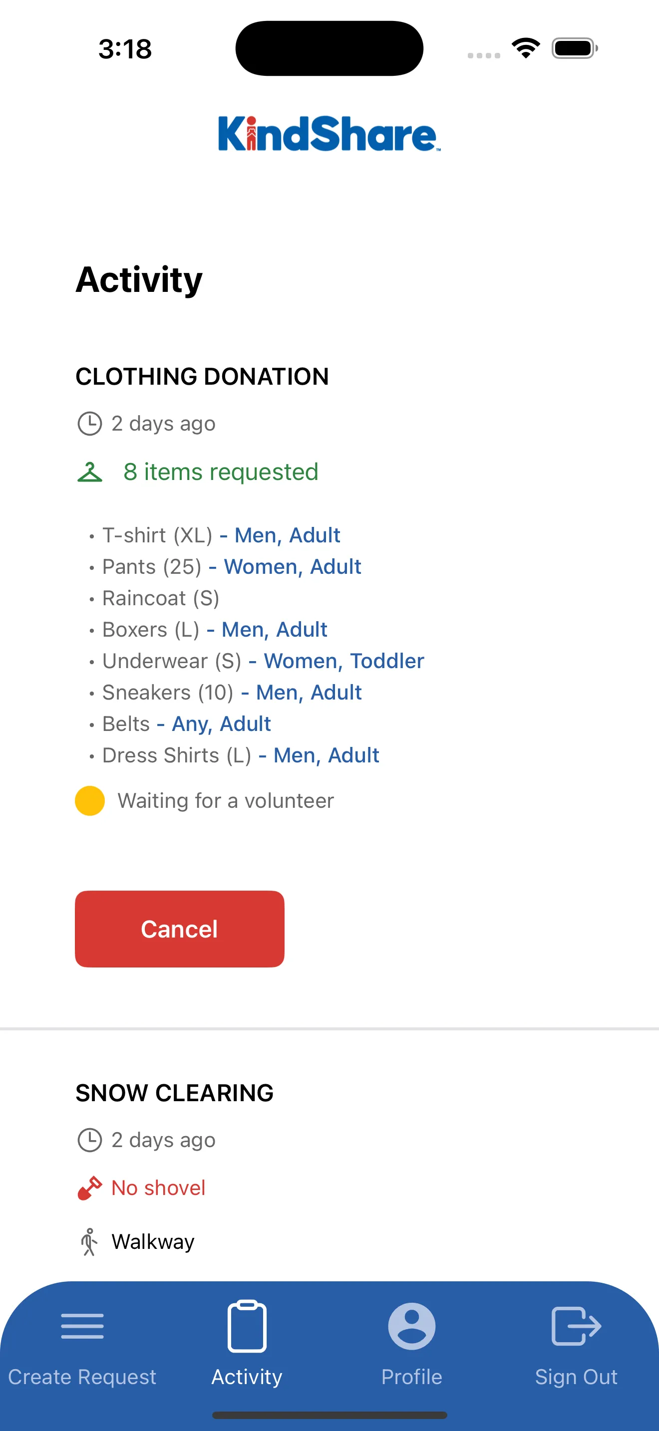 KindShare Mobile App - Activity Page