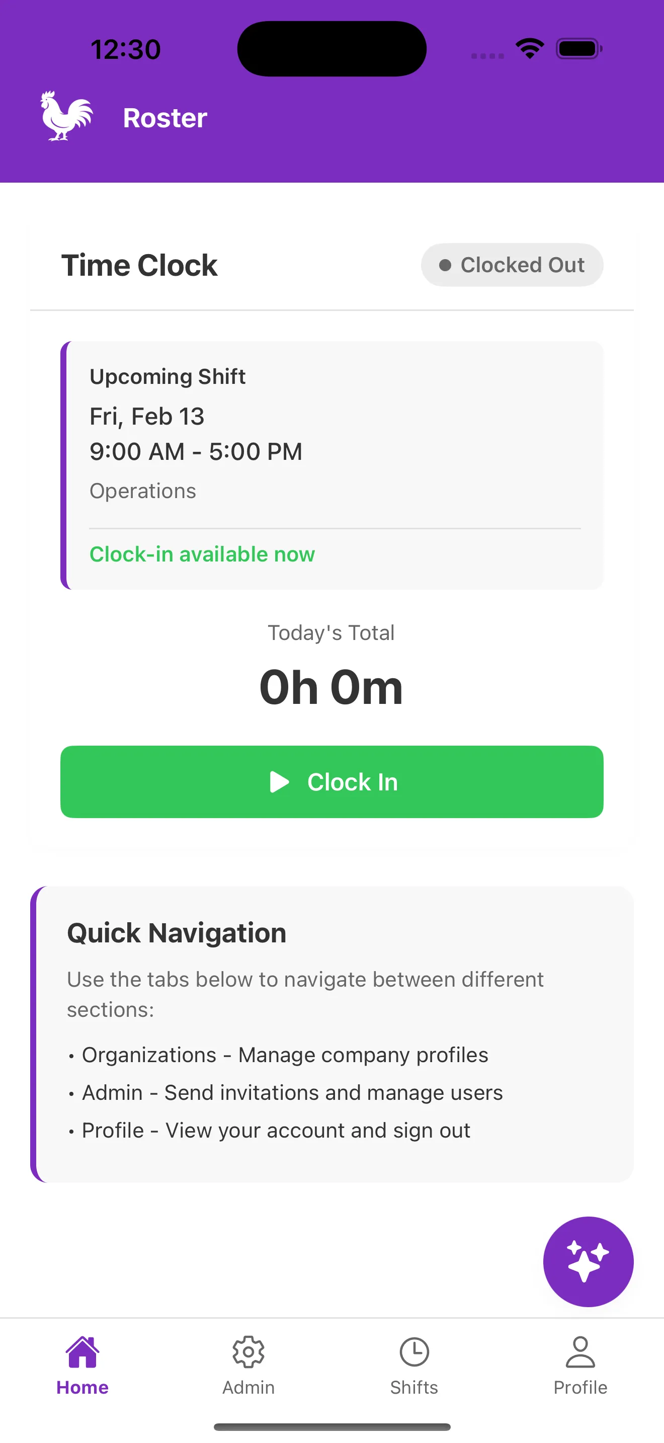 Roster Mobile App - Time clock home