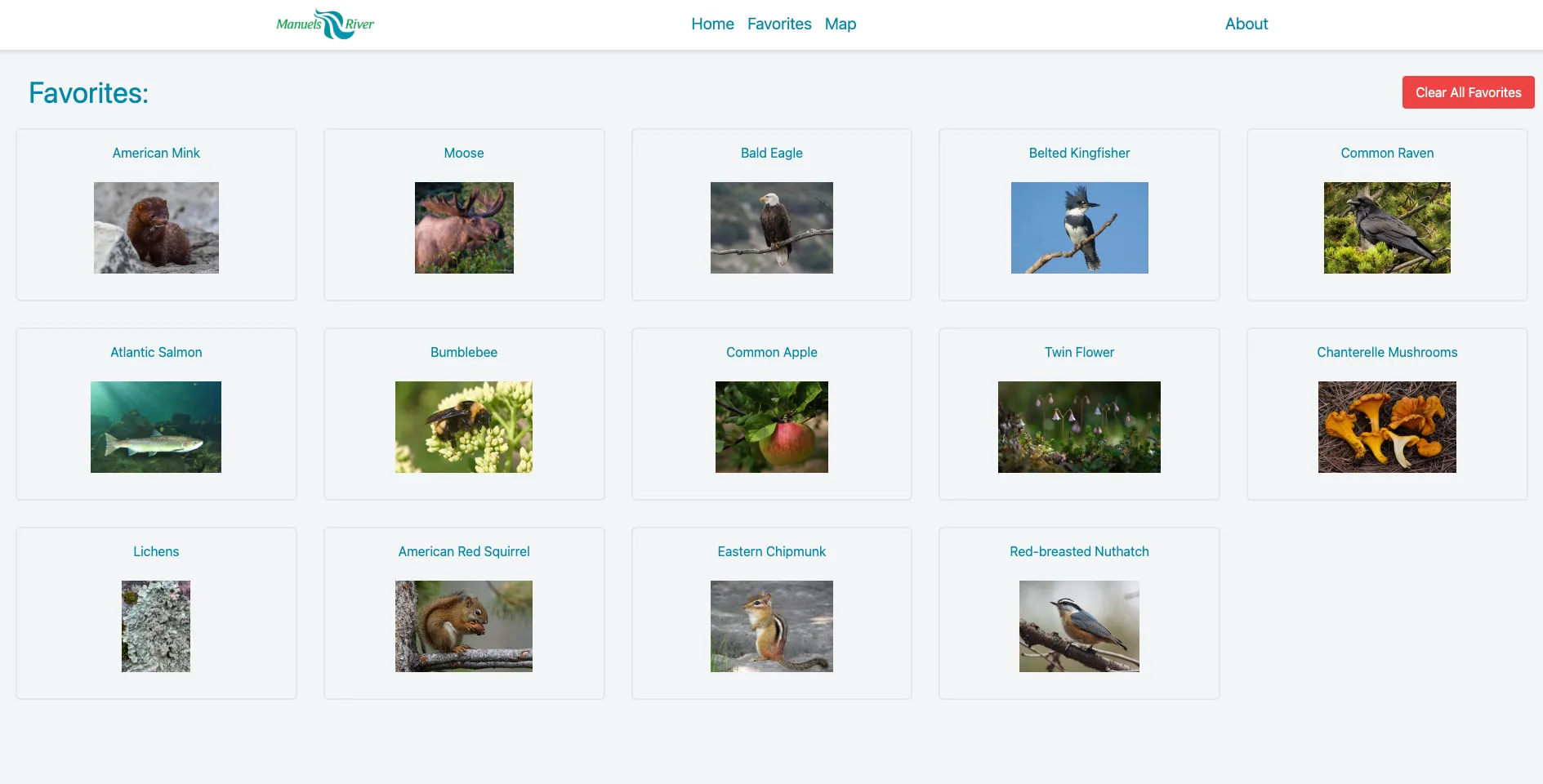 SpeciesFinder Favorites Screen